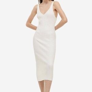 H&M Cream Ribbed Knit V Neck Midi Dress